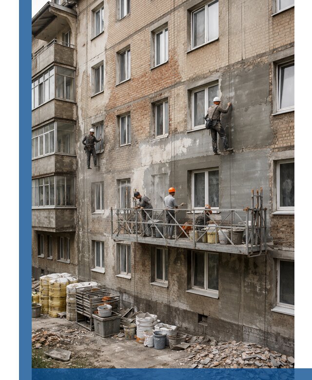 Капитальный ремонт фасада в Сасове с восстановлением и гидроизоляцией