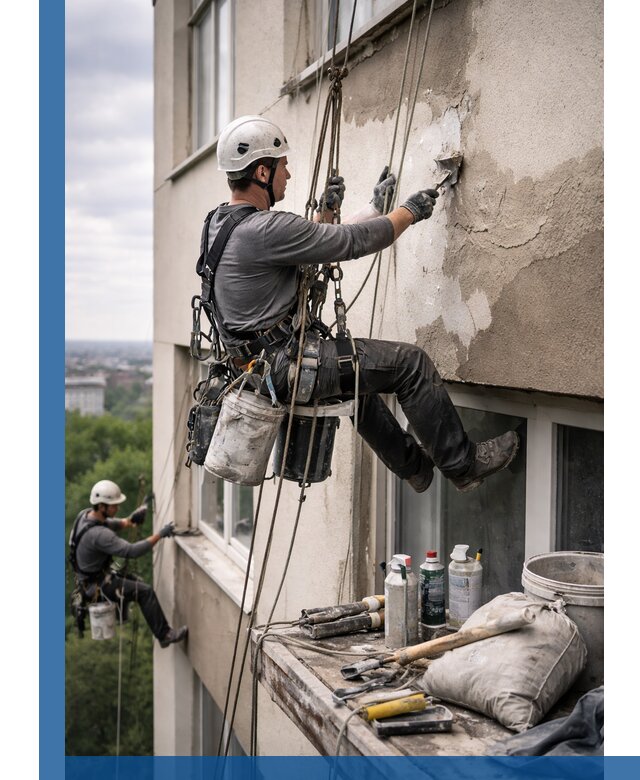 Косметический ремонт фасада зданий в Сасове промышленными альпинистами