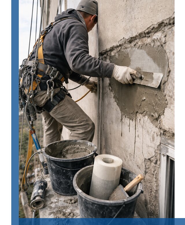 Ремонт бетонных элементов фасада промышленными альпинистами в Сасове