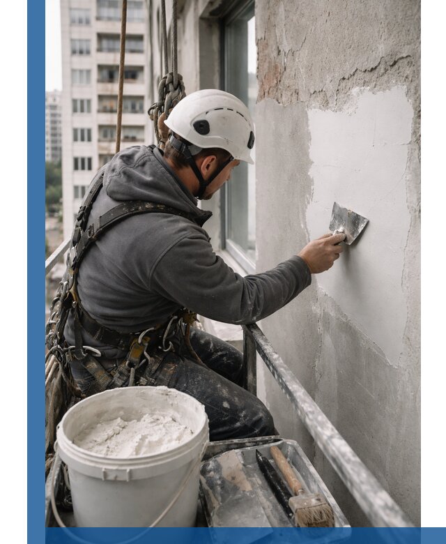 Шпаклевка фасадов на высоте с промальпинистами в Сасове