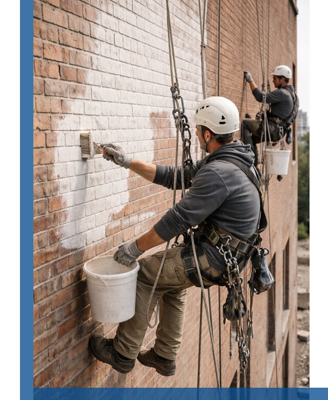 Покраска кирпичного фасада с доступным альпинистским сервисом в Сасове