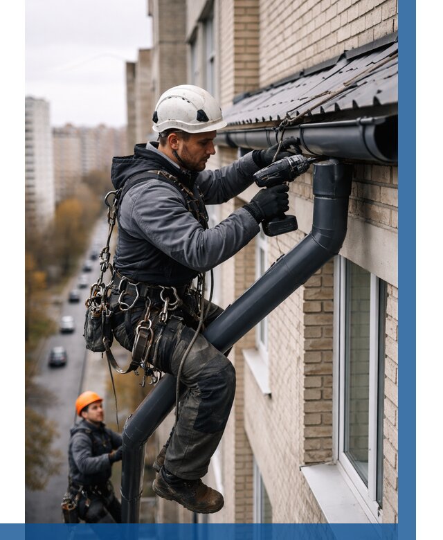 Монтаж водосточной системы на здании в Сасове от 5053 р. | ВЫСОТНИК-Ссв