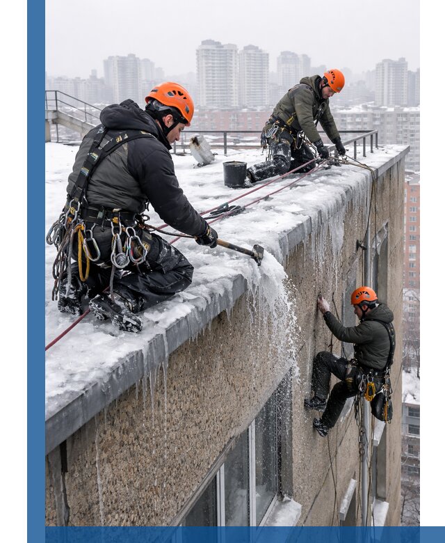 Удаление наледи с кровли в Сасове промышленными альпинистами