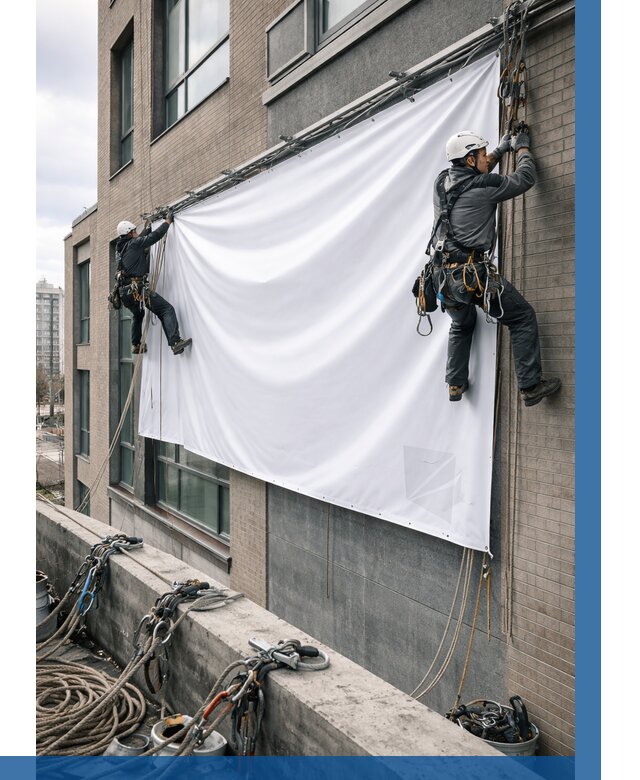 Монтаж баннеров на фасаде в Сасове от 657 р. заказать ВЫСОТНИК-Ссв