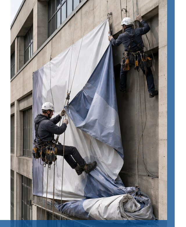 Демонтаж баннеров с фасада в Сасове от 4547 р. | ВЫСОТНИК-Ссв