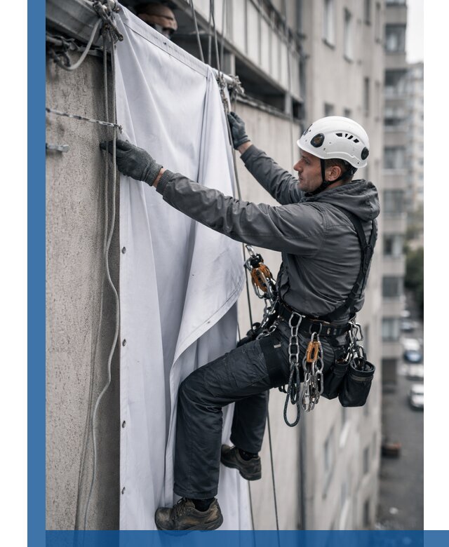 Замена баннерного полотна промышленными альпинистами в Сасове