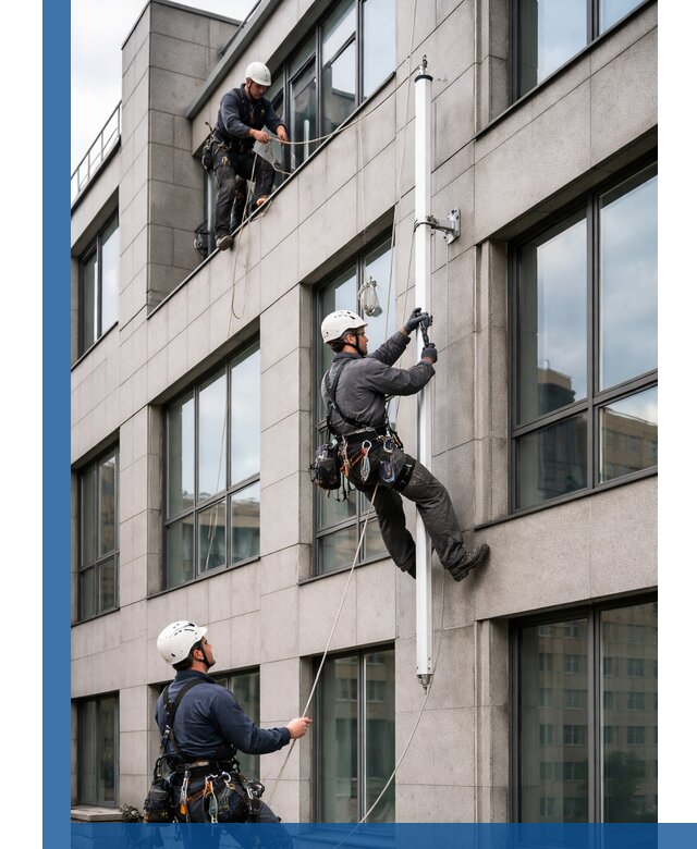 Монтаж флагштока на фасаде здания с креплением и герметикой в Сасове