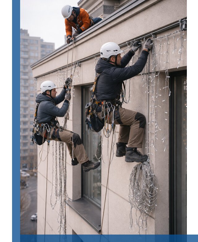 Монтаж праздничных гирлянд на фасаде в Сасове для зданий