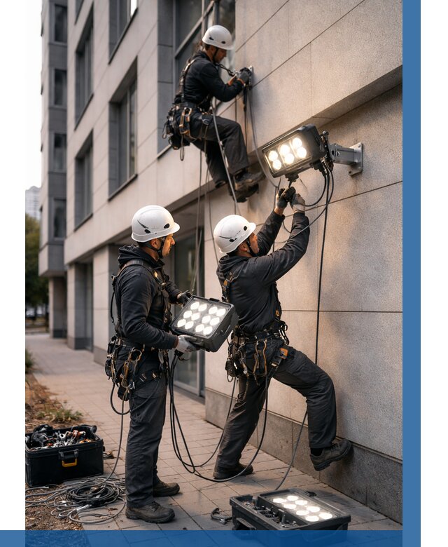 Монтаж прожекторов на фасаде в Сасове от 7579 р. | ВЫСОТНИК-Ссв