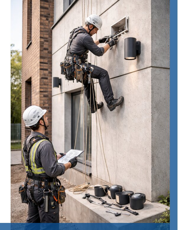 Монтаж фасадного освещения в Сасове от 2526 р. | ВЫСОТНИК-Ссв