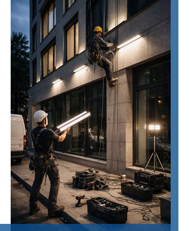 Монтаж архитектурной подсветки здания в Сасове от 2526 р.|ВЫСОТНИК-Ссв