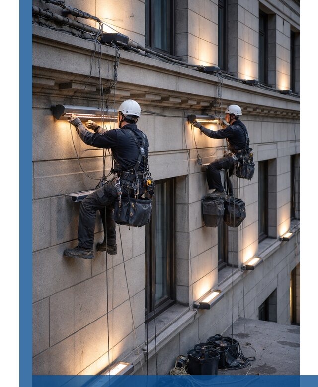 Монтаж архитектурной подсветки фасадов зданий в Сасове