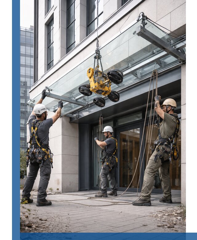 Монтаж стеклянных козырьков под ключ в Сасове для зданий