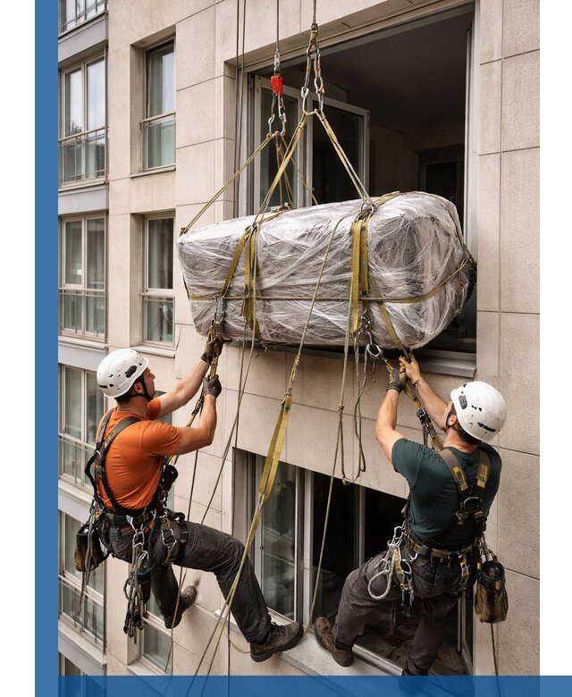 Подъем грузов через окно в Сасове промышленными альпинистами