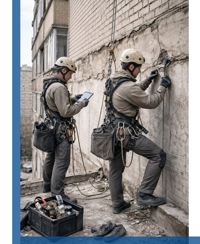 Обследование фасада промышленными альпинистами в Сасове